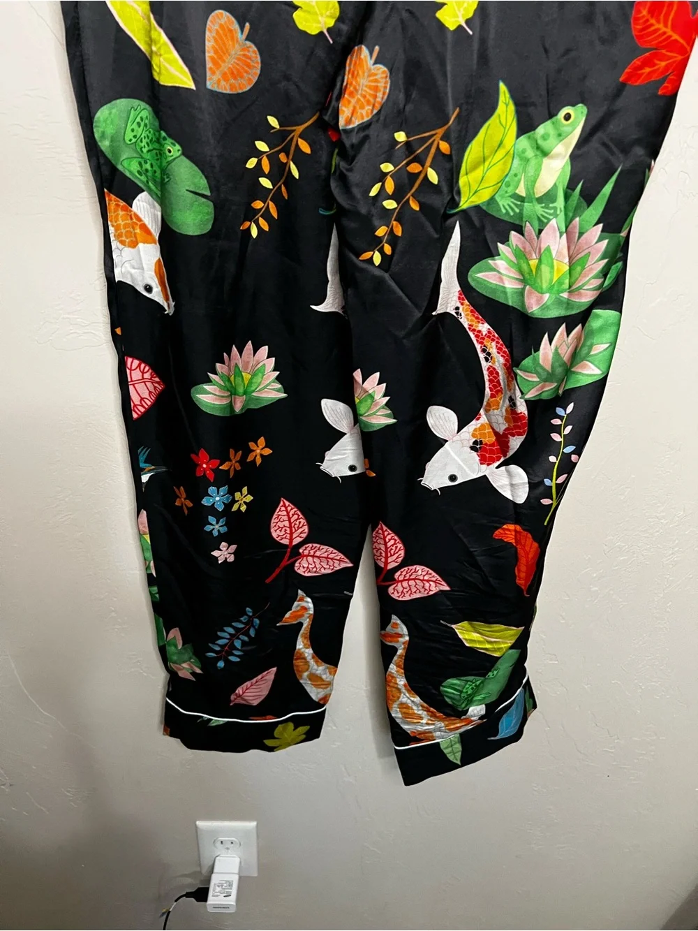 Karen Mabon 100% Silk Black Botanical Koi Fish Bird Luxury 2 Piece Pajama Set